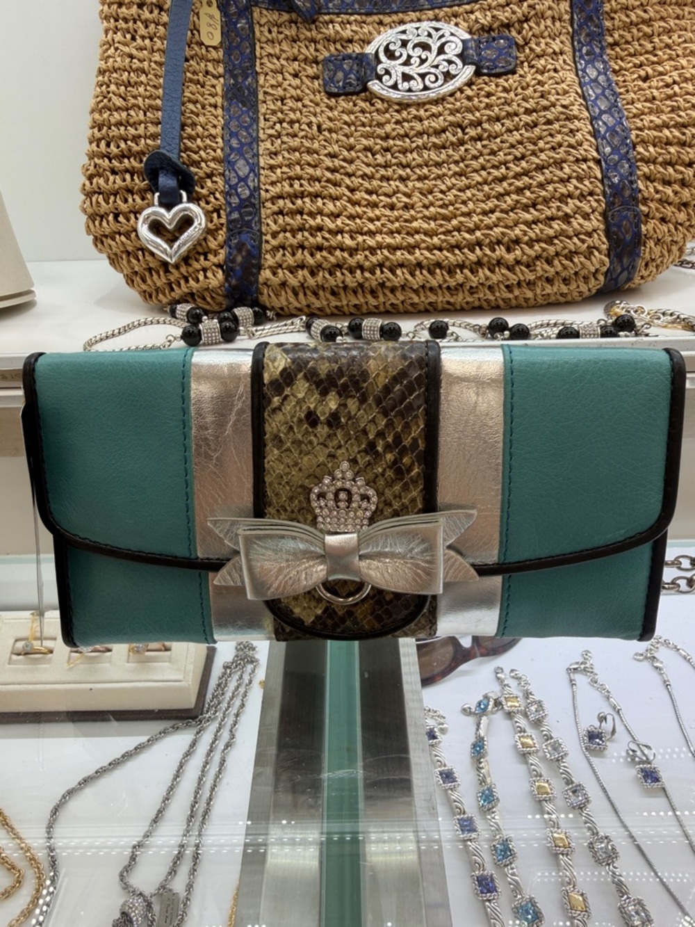 My Flat in London Teal and Silver Bow-Accent Clutch